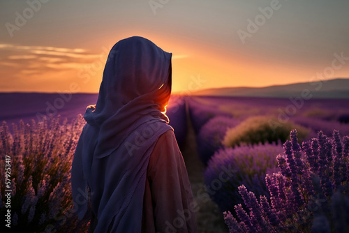 woman in hijab in lavender garden, generative ai