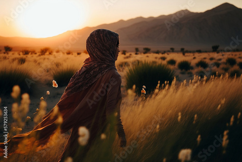 Rear view of Muslim woman walking in tall grass field, generative ai