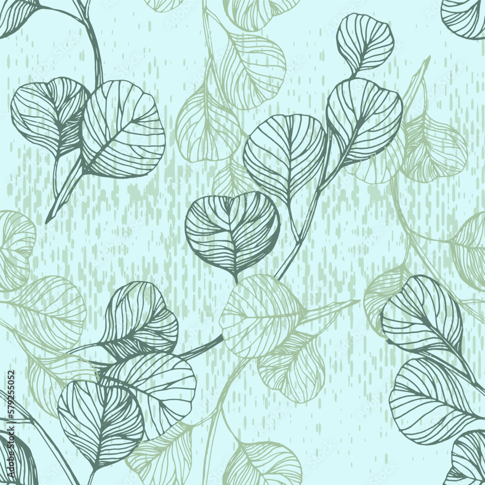 Seamless Eucalyptus leaves. Floral botanical flower. Vector hand drawing wildflower for background, texture, wrapper pattern, frame or border.