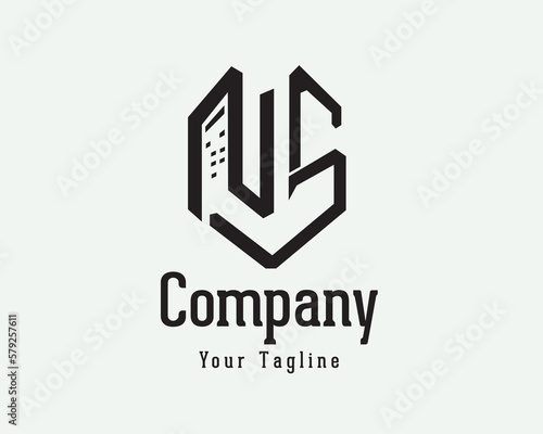 hexagon NS initial line art building construction logo icon symbol design template illustration inspiration