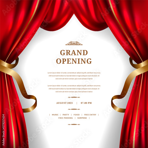 Grand opening with red curtain and golden ornament decoration poster announcement party stage theatre with white background