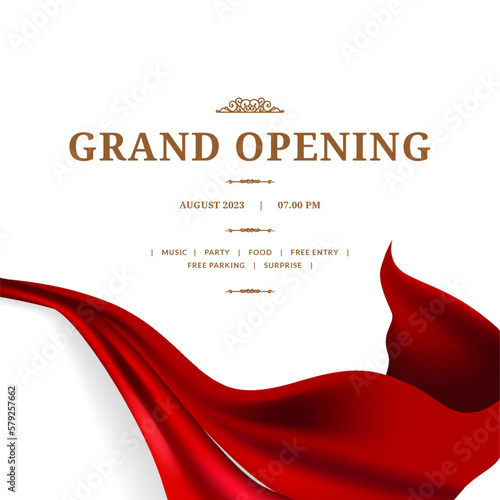 Grand Opening celebration poster announcement with flying red satin silk fabric textile