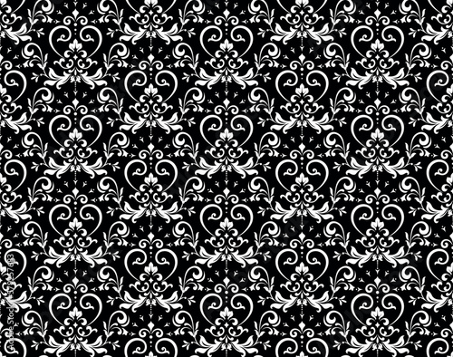Wallpaper in the style of Baroque. Seamless vector background. White and black floral ornament. Graphic pattern for fabric, wallpaper, packaging. Ornate Damask flower ornament