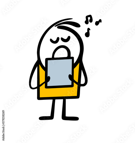 Little stickman boy hold a sheet of paper with musical notes and sing a song in children chorus.
