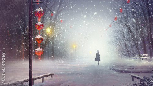 Girl Walking In The Snow Illustration