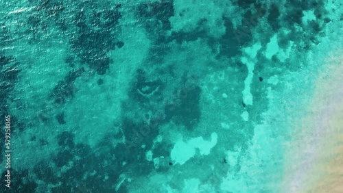 Beautiful drone view of the lake bottom of Lake Attersee, Upper Austria, Europe, where the remains of prehistoric pile dwellings are visible in its crystal clear and turquoise greenish water