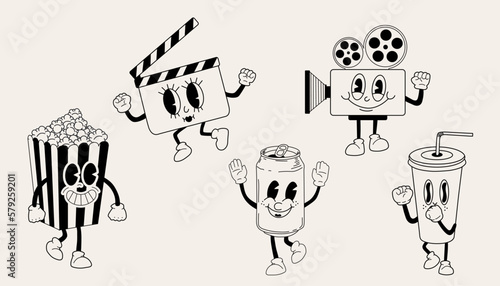 Cartoon cinema characters. Funny popcorn, Soda can, video camera, clapperboard. Cinematograph entertainment mascot poster vector illustration set