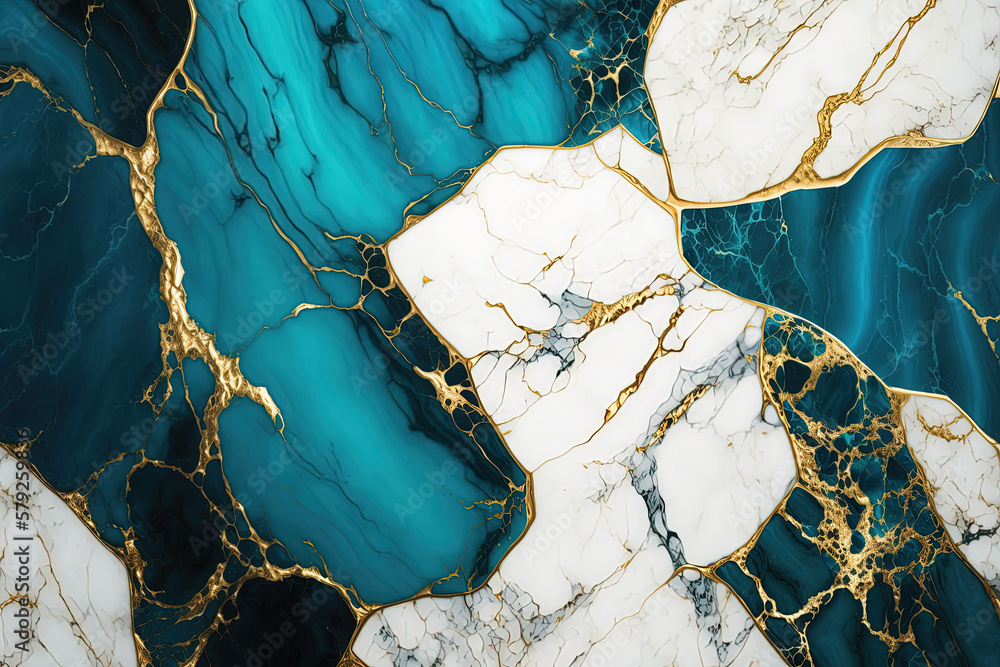 Abstract marble turquoise, white and gold background. Invitation backdrop. Ai generated