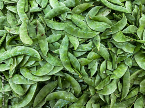 Green Lablab beans native Africa cultivated throughout Tropics.  Aka Hyacinth bean, Bonavist pea, Dolichos, Seim or Sem bean, Egyptian kidney bean, Indian bean, Australian pea, Bataw