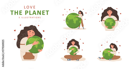 Love the planet. Smiling woman hugs Earth globe with care and love. International Mother Earth day. Caring for Nature and environment. Set of vector ecological illustrations in flat cartoon style.