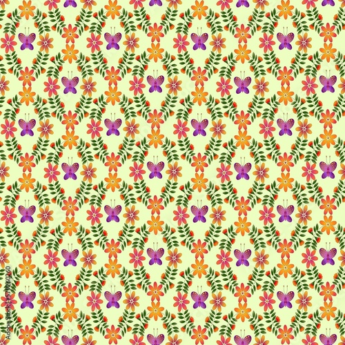 seamless pattern with flowers and butterflies on yellow background 