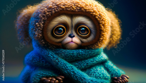 Fotografia Cute little monkey wearing blue sweater. Generative AI.