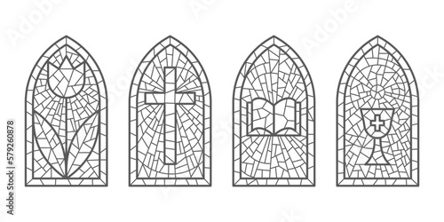 Church glass windows. Stained mosaic catholic frames with cross, book and religious symbols. Vector set isolated on white background