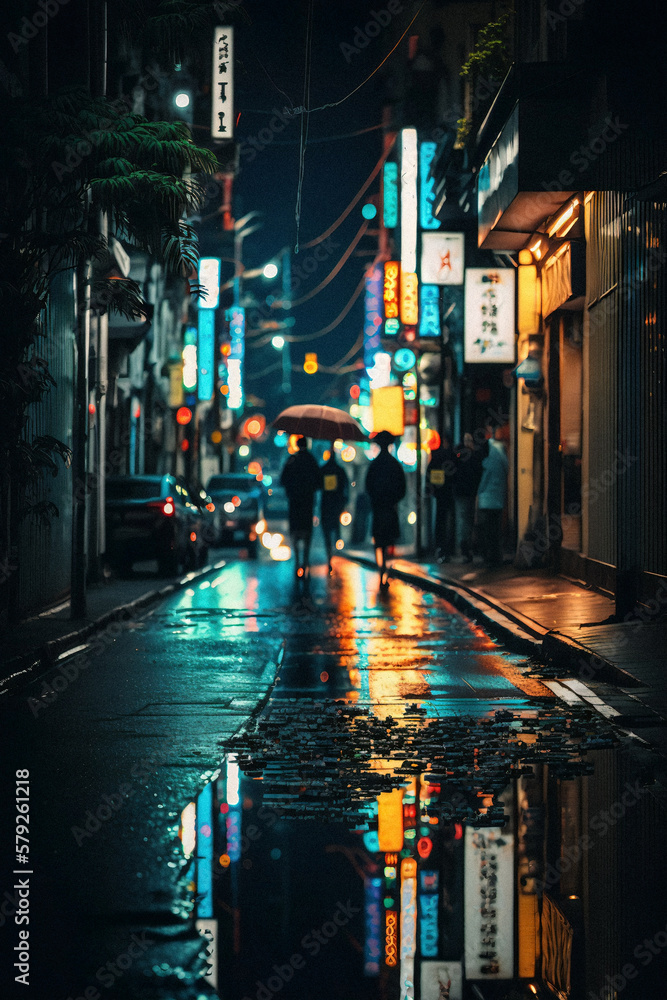a rainy street in Tokyo with no cars and lots of neon lights on it ...