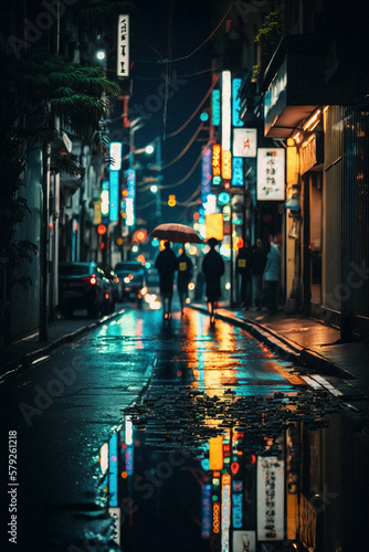  a rainy street in Tokyo with no cars and lots of neon lights on it