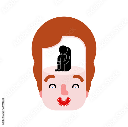 Inner grief. Joy and longing inside. Sad man in the head with a cheerful face. The concept of inner grief and disappointment