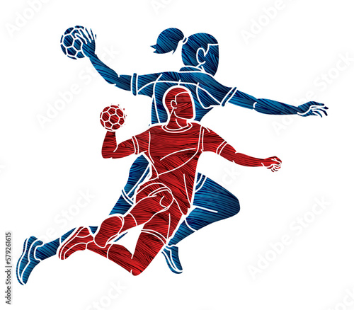 Handball Sport Team Male and Female Players Mix Action Cartoon Graphic Vector