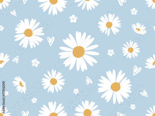 Seamless pattern with chamomiles daisy flower and hearts on blue background vector.