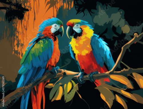 Two colorful macaws squawking and chattering in the treetops Cute creature. AI generation.