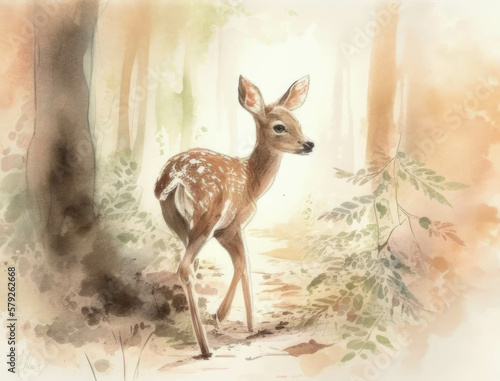 A graceful fawn walking softly through a tranquil forest. Cute creature. AI generation.