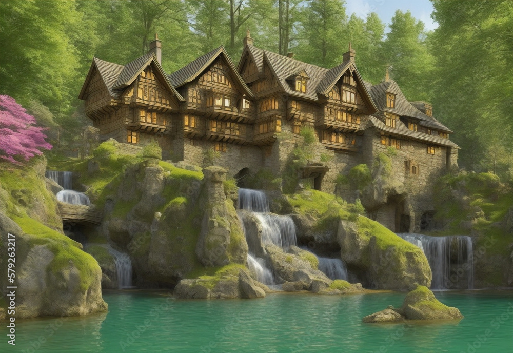 Naklejka premium A medieval European-style castle nestled in a forest with large, ancient trees by a crystal clear green lake