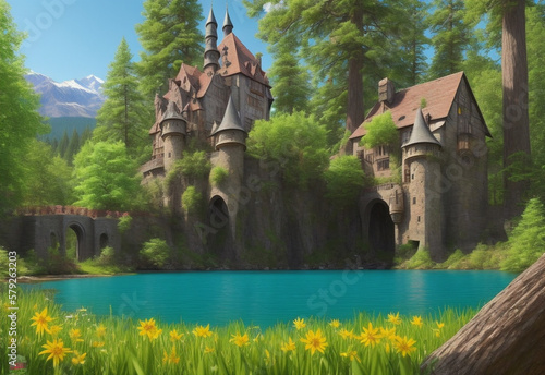 A medieval European-style castle nestled in a forest with large, ancient trees by a crystal clear green lake