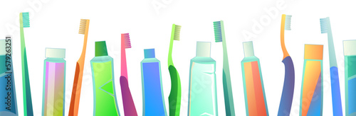 Tubes of toothpaste and toothbrushes. Seamless bottom border. Cartoon style. Items for dental and oral care. Isolated on white background. Vector.