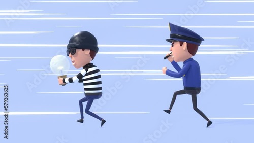 3d loop animation of a policeman chasing thief running away with stolen idea. Intellectual property infringement, steal idea