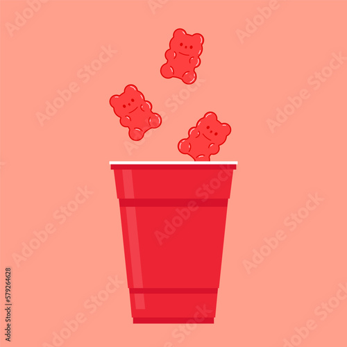 Jelly bears fruit gummy on Plastic cup. Jelly bears fruit gummy. Red beer cup vector. Red plastic cup isolated on pink background.