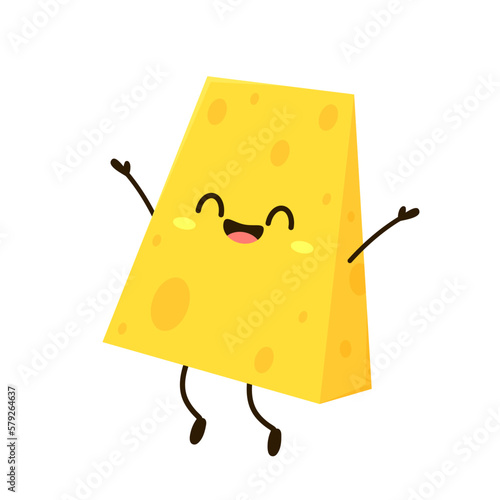 Cute happy cheese character. Funny food emoticon in flat style. Dairy emoji vector illustration.