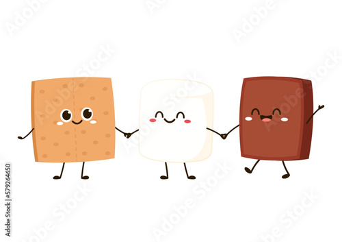 Sweet sandwiches from chocolate and marshmallow. Scheme of smore sweet children dessert preparing, cartoon vector illustration isolated on white background.