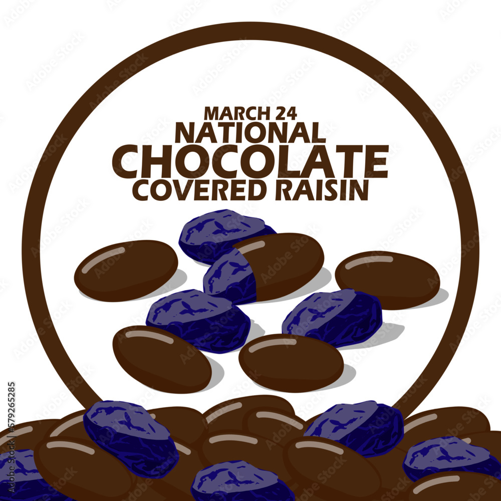 Raisins covered with chocolate, with bold text in circle frame on white