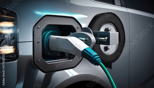 Close-up of an electric car with a cable connected. Generative AI