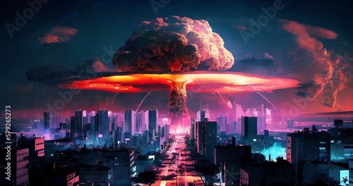 Nuclear bomb explosion over a cyber city with skyscrapers during world war.