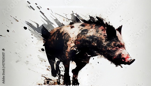 a painting drawing of aggressive boar by watercolor dark style, Generative AI, illustration