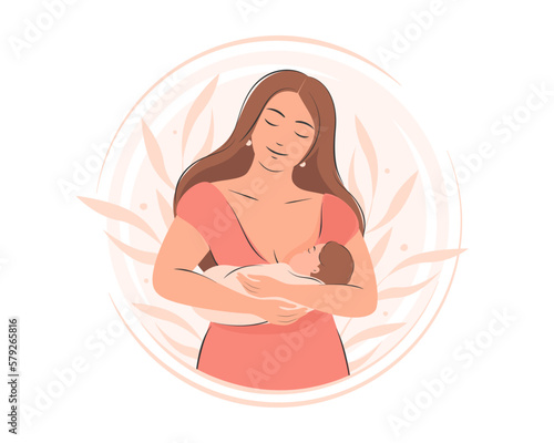 Woman feeding baby. Breastfeeding and motherhood concept. Vector illustration.