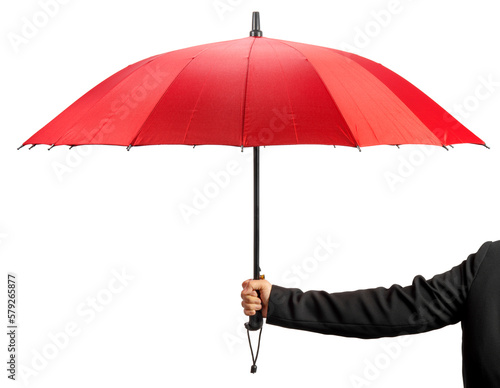 Hand Holding red color umbrella isolated on white background, Hand Holding red umbrella on White Background  PNG file.
