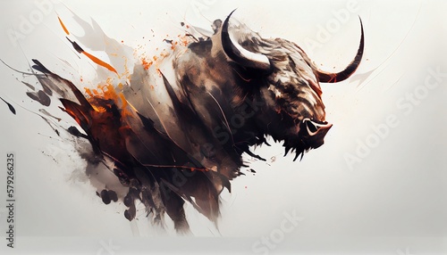 a painting drawing of aggressive buffalo bull by watercolor dark style, Generative AI, illustration