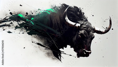 a painting drawing of aggressive buffalo bull by watercolor dark style, Generative AI, illustration