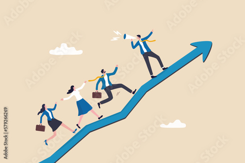 Motivate employee, career improvement or inspiration for self development to success in work, motivation or advice for business growth, businessman with megaphone motivate employees to walk up arrow.