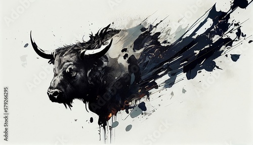 a painting drawing of aggressive buffalo bull by watercolor dark style, Generative AI, illustration photo