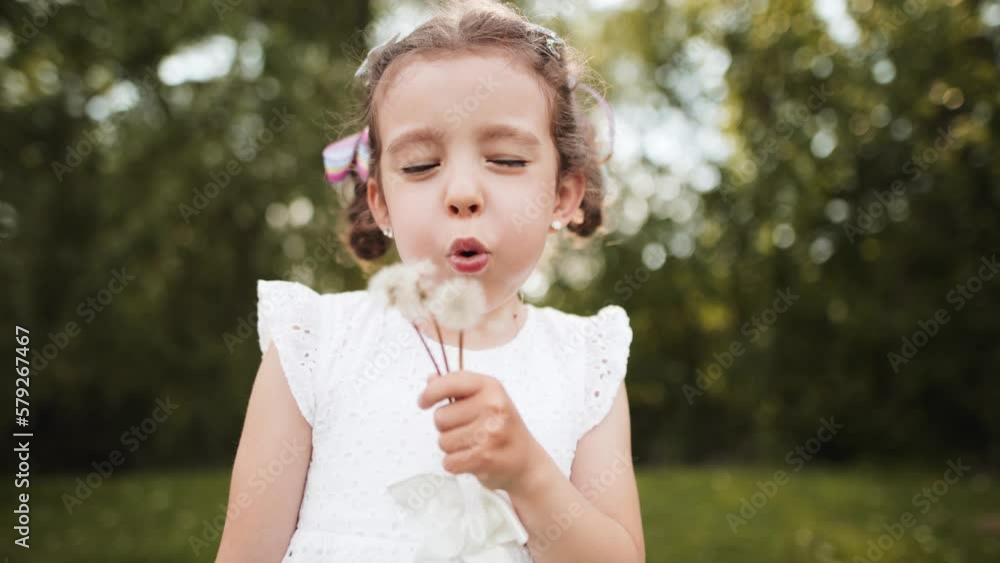 Portrait of a beautiful young girl blowing on a ripe dandelion. The child laughs and has fun. Good mood, happy childhood in nature Portrait of a beautiful young girl blowing on a ripe dandelion. The child laughs and has fun. Good mood, happy childhood in nature
