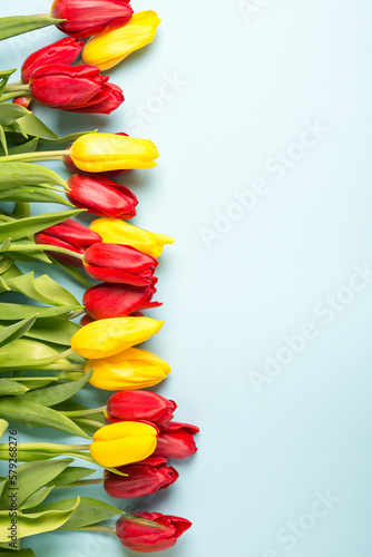 Fototapeta Naklejka Na Ścianę i Meble -  Banner with bouquet of tulips in pink and white colors. Concept of spring. Flowers background.