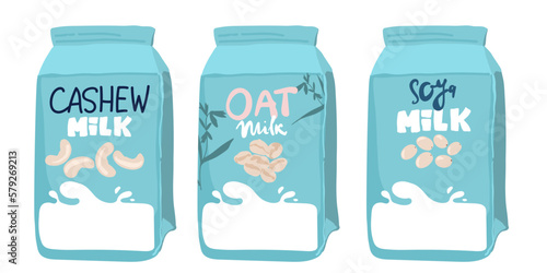 Set of different vegetable milk - almond, rice, coconut, soybeans. Vegan, vegetarian product for cooking food and drink.