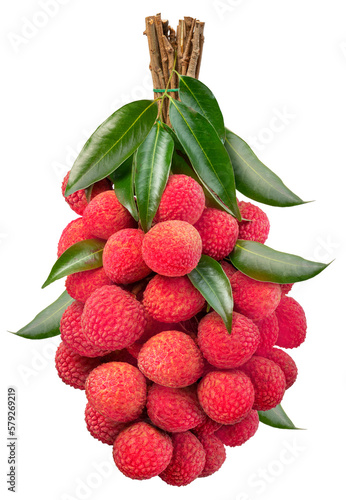 Bunch of lychees with leaves on white background, Sweet lychees fruits with leaves on White PNG file.