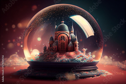 fairy castle inside crystal globe in winter time. generative ai photo