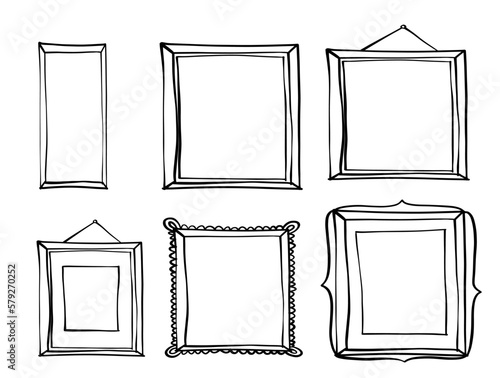 Hand drawn simple scribble doodle frame artwork on wall decoration interior. Speech oval rectangle photo bubble scrapbooking art.