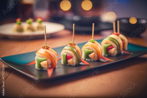 A set of Nigiri sushi on a luxurious plate, Japanese traditional food. Made by Ai, artificial intelligence.