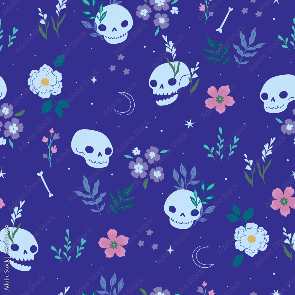 Seamless pattern with skulls and flowers on a blue background. Vector graphics. Seamless pattern with skulls and flowers on a blue background. Vector graphics.
