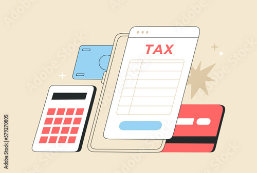 Concept tax payment. Data analysis, financial report, calculation of tax return. Payment of debt. Hand drawn vector illustration, isolated on light background, modern flat cartoon style